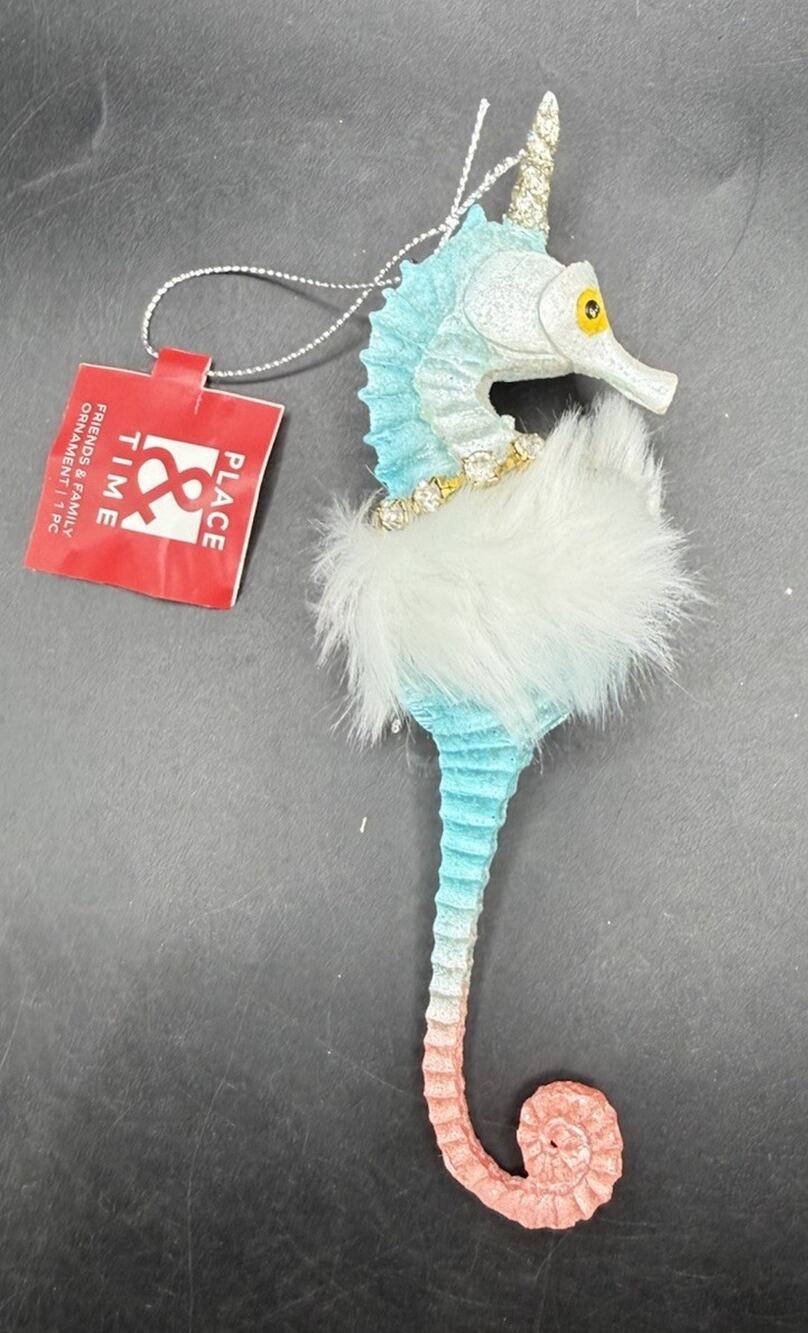 Unicorn Seahorse w Fur Tutu Beach Christmas Ornament Aqua Blue Turquoise NWT C24